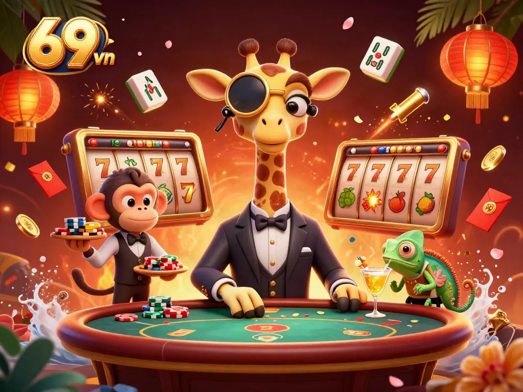 Experience thrilling gaming with 69 vn casino elements like slot reels and high-roller characters.
