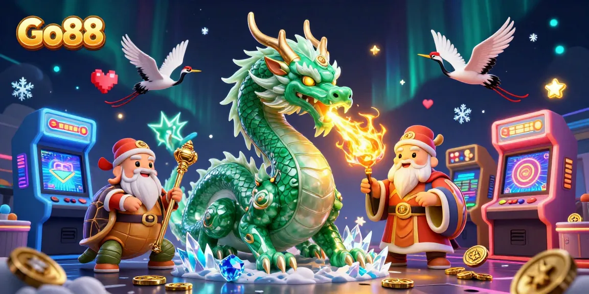Engage with Go88, visualizing a dragon's fiery breath amid arcade elements and lucky cranes.