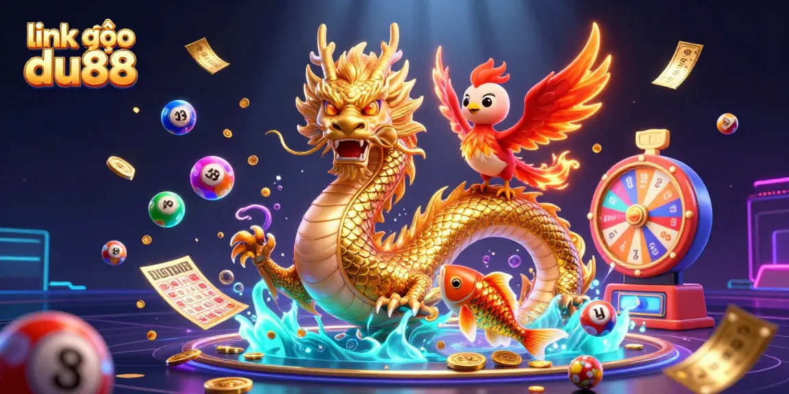 Experience excitement with link vào du88 featuring a golden dragon, phoenix, and colorful lottery elements.