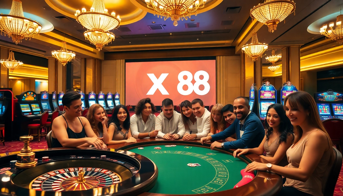 Players enjoy a lively game at XX 88 casino, featuring poker chips and slot machines.