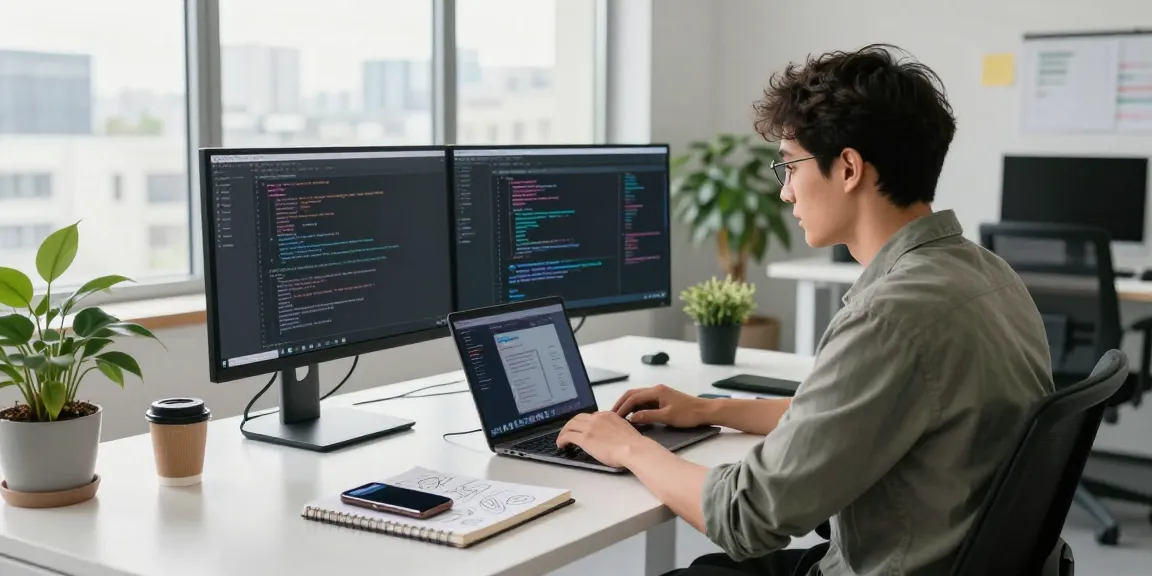 Download WPS Office in a modern tech workspace with a developer coding at dual monitors in a minimalist office.