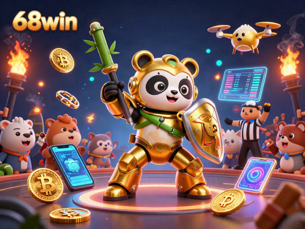Engage in thrilling 68win gaming with action-packed mech-suit panda battling amidst vibrant casino elements.