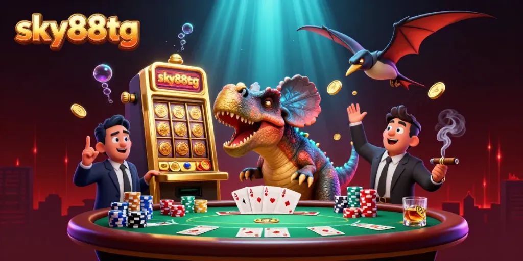 Experience thrilling jackpots at sky88tg with vibrant 3D characters in a bustling casino scene.