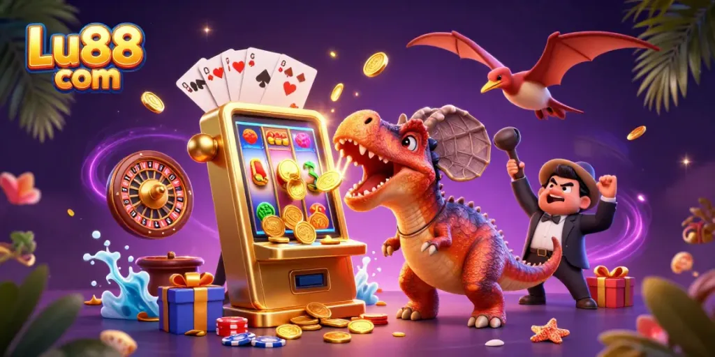 Join the excitement at Lu88 com with a pachycephalosaurus winning jackpots, surrounded by vibrant casino elements.