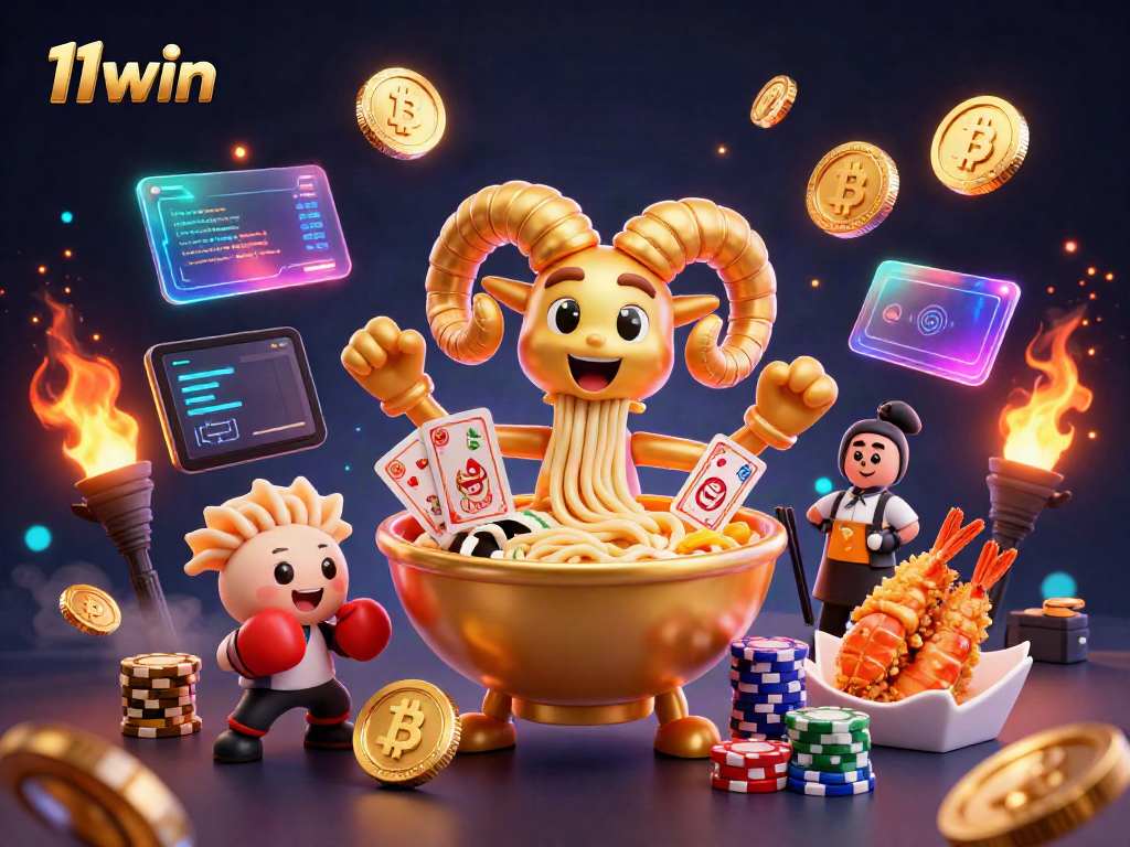 Engage with 11win's dynamic casino delights featuring a golden ramen bowl dealer and neon crypto elements