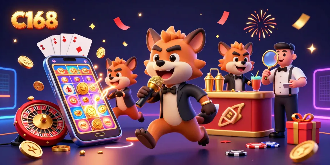 C168 engages players in a dynamic casino scene with hyenas, celebrating wins and fun gaming.
