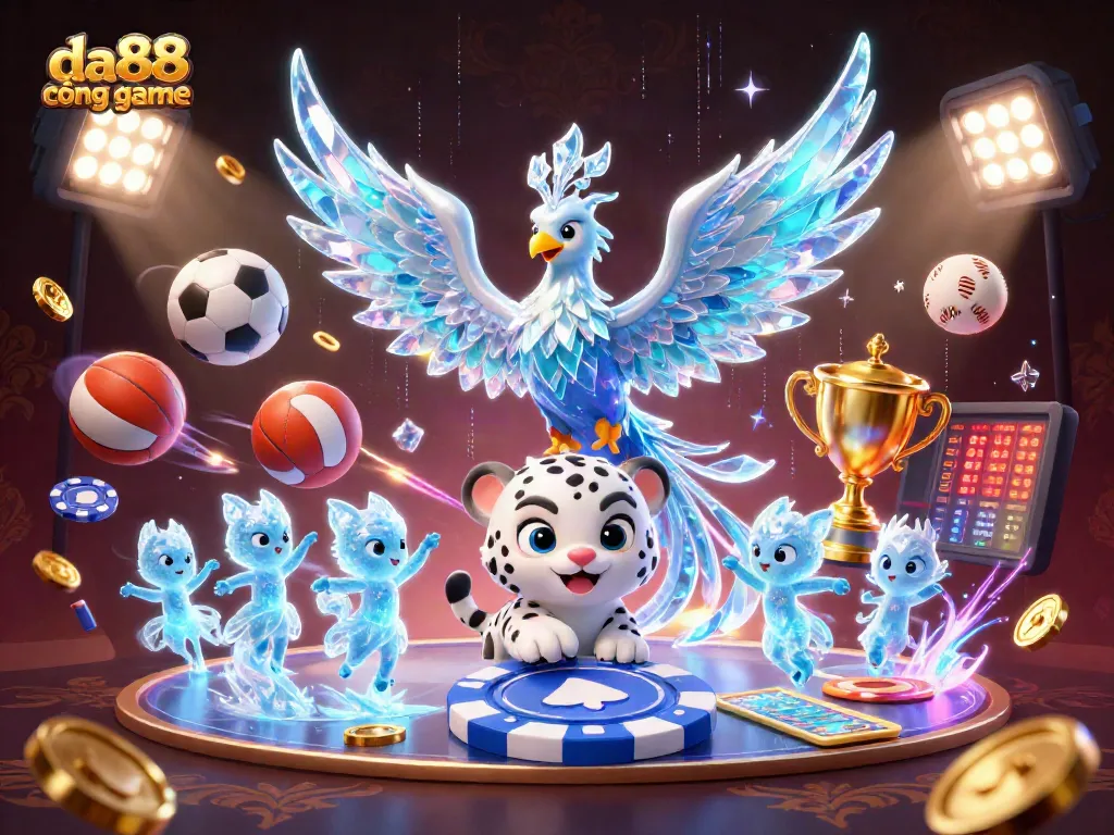 Engage with da88 cổng game featuring a dynamic scene of vibrant 3D characters and exciting gambling elements.