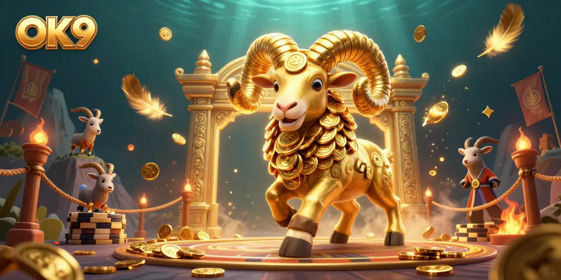 Engage in thrilling OK9 sports betting with golden ram characters in a dynamic scene full of casino elements.