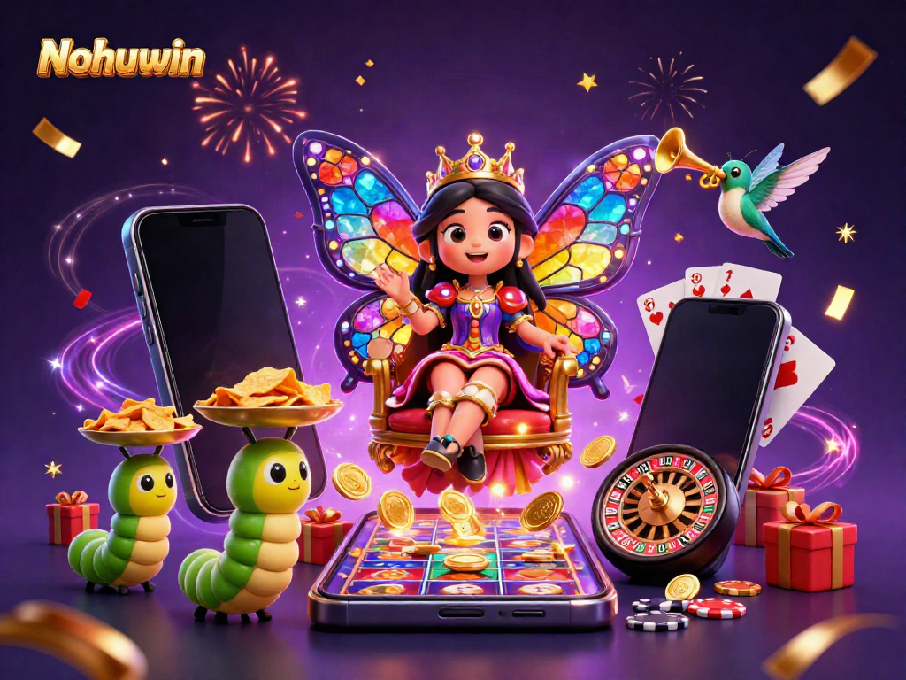 This illustration captures vibrant Nohuwin gaming dynamics, featuring colorful slot game elements and celebratory visuals.