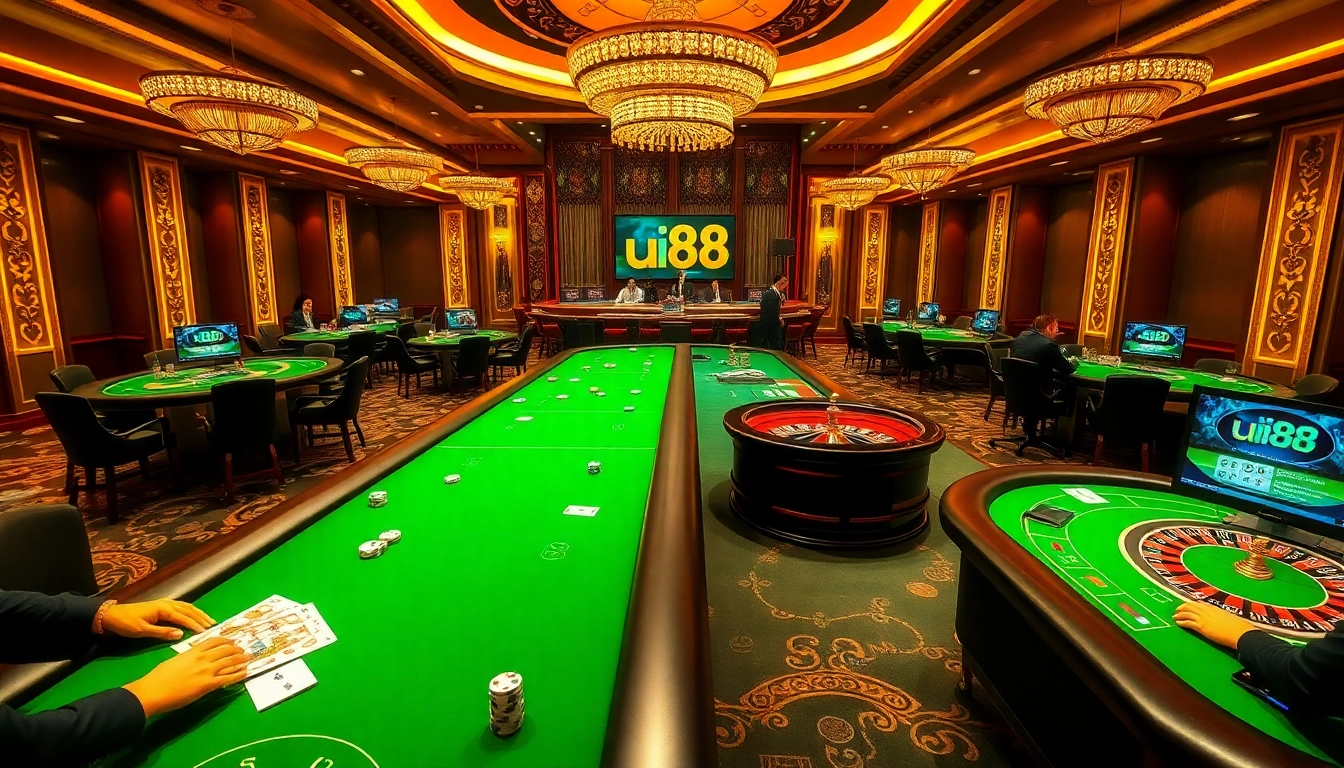 Experience excitement at uu88 with a lively casino scene featuring tables, poker chips, and online betting elements.