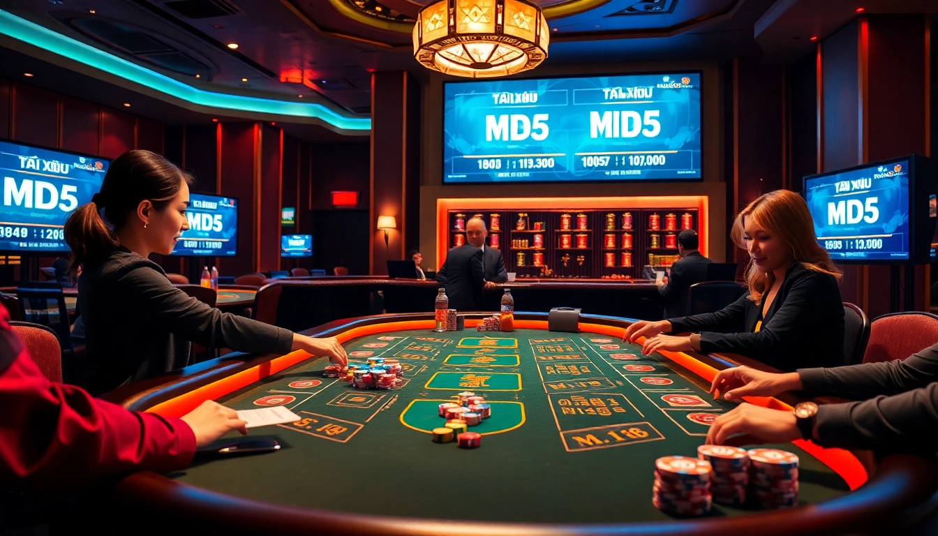 A bustling Tài Xỉu MD5 casino table showcasing a dealer, excited players, and a transparent gaming environment.