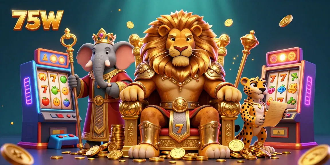 Engage with 75W's vibrant casino scene featuring royal characters amidst slot machines.