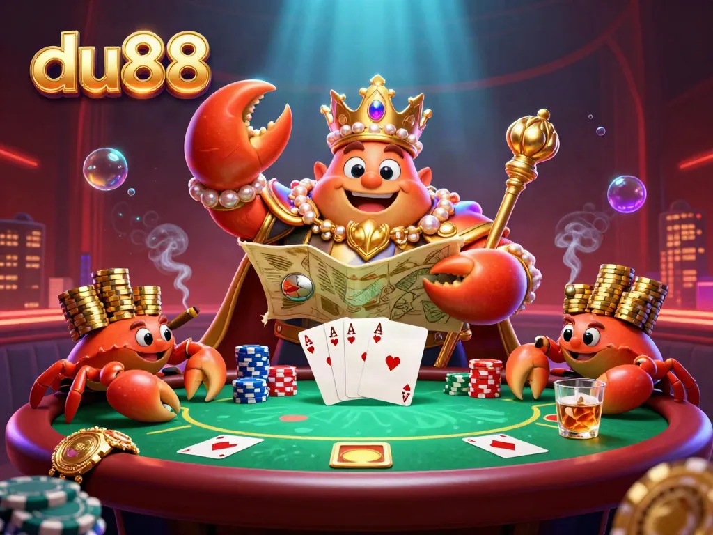 Win big with du88 at a vibrant poker table featuring a golden crab emperor surrounded by treasure and poker chips.