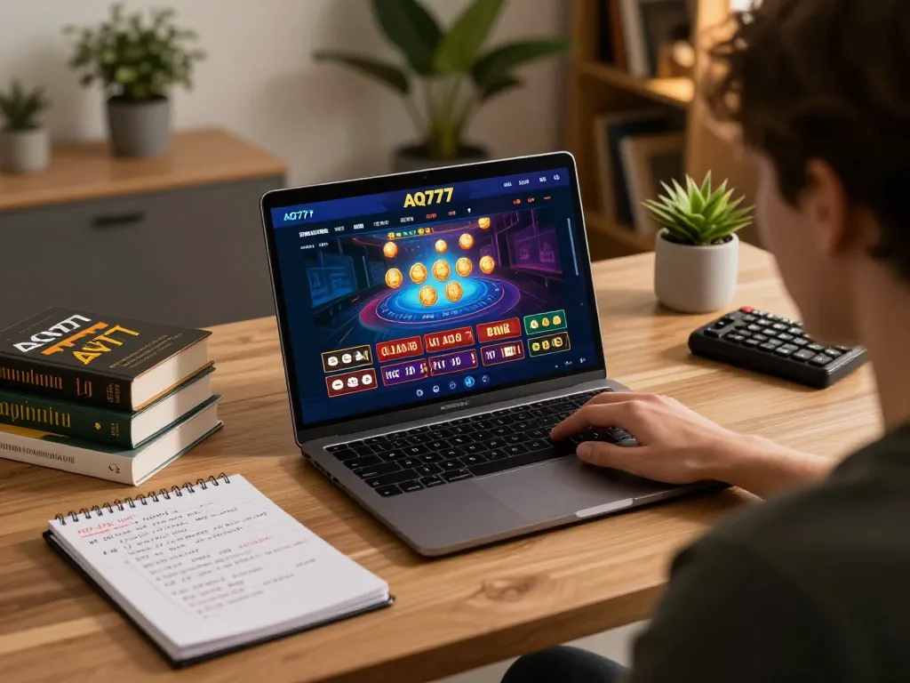 Jogador da AQT777 interage com jogos de cassino em um laptop, exibindo um ambiente de apostas estratégicas.
