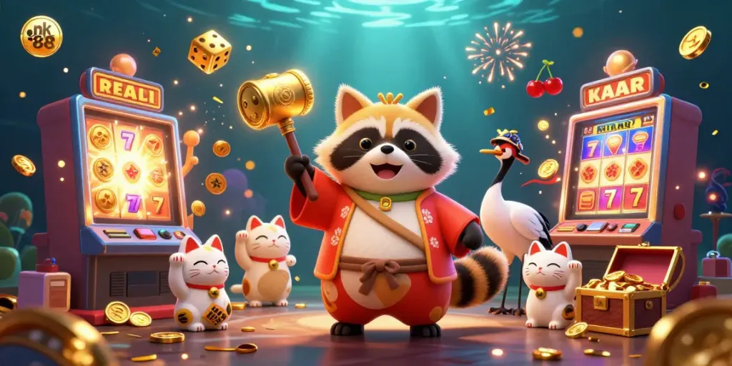 Experience the thrill of nk 88 with cheerful characters in a vibrant casino setting and jackpot symbols.