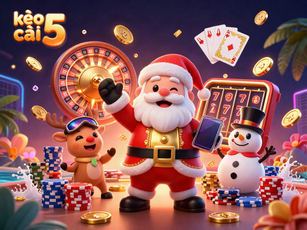 Experience kèo nhà cái 5 with dynamic casino fun featuring Santa, a reindeer, and a snowman.