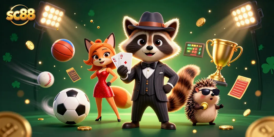 Sc88 players enjoy exciting wins in a packed casino scene with charming characters and dynamic sports elements.