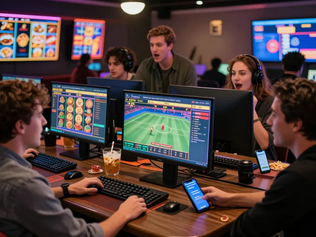 Friends engaging in online betting at https://8kbett.dev/ in a lively casino atmosphere with snacks and screens.
