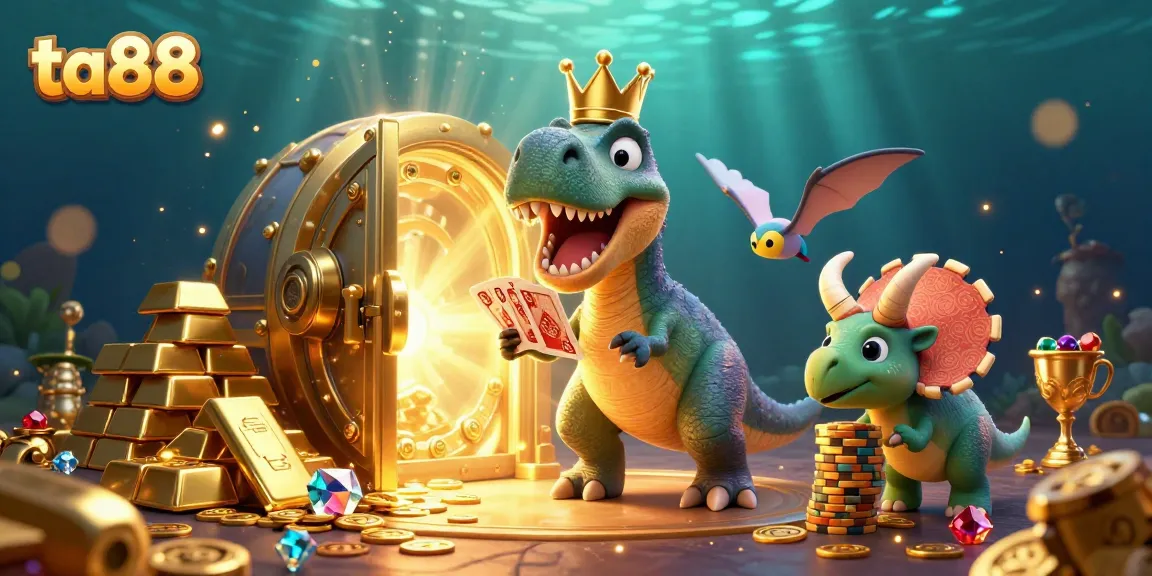 Experience thrilling gameplay at ta88 with friendly dinosaur characters shuffling cards and stacking chips.