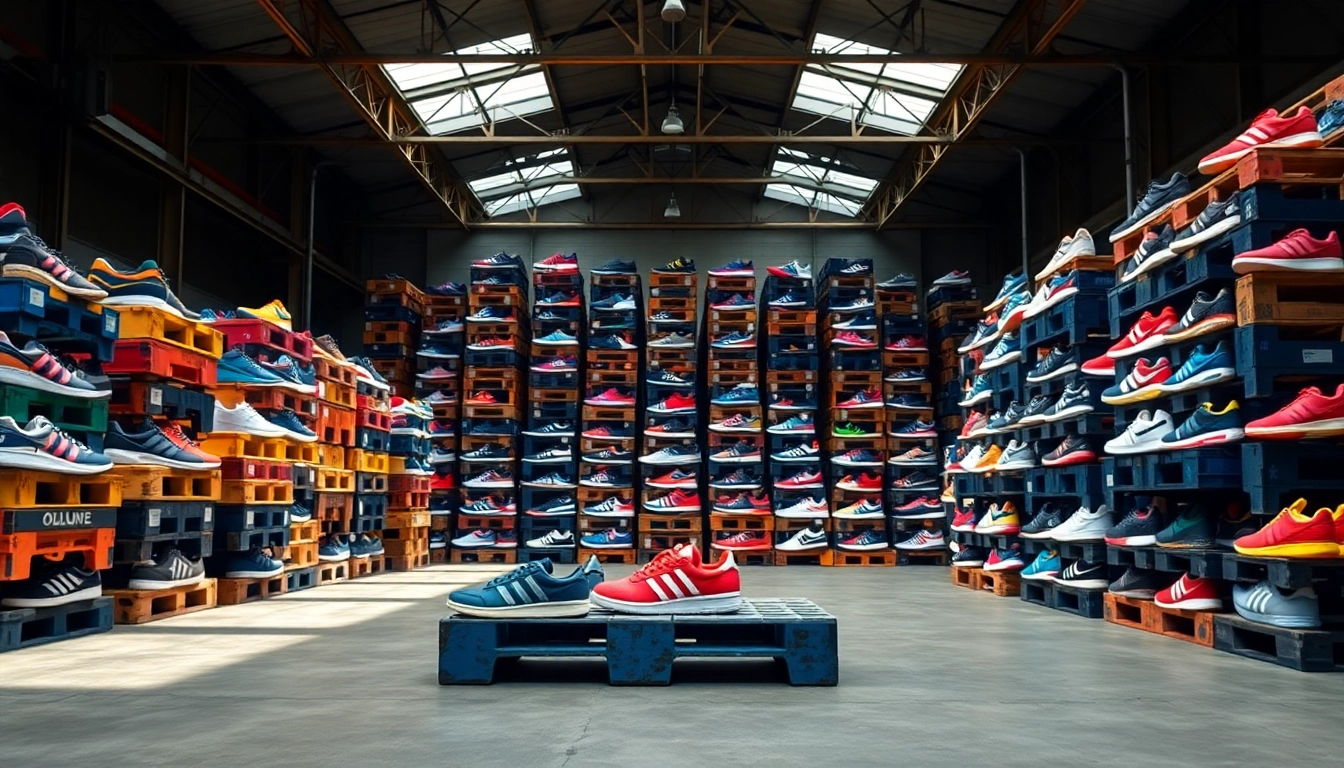 Browse the Best Adidas Shoe Pallets (100 Pairs) featuring vibrant sneaker designs in a warehouse.