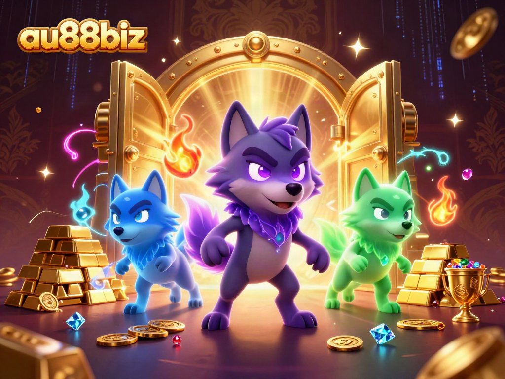 Engage with the vibrant 3D scene of au88biz featuring a mythical wolf pack leader amidst treasures.