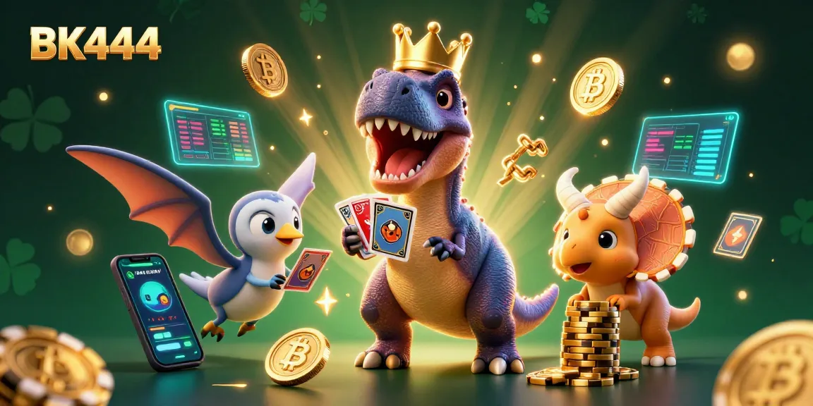 Experience thrilling gaming with BK444's vibrant 3D casino illustration, featuring fun characters and crypto elements.