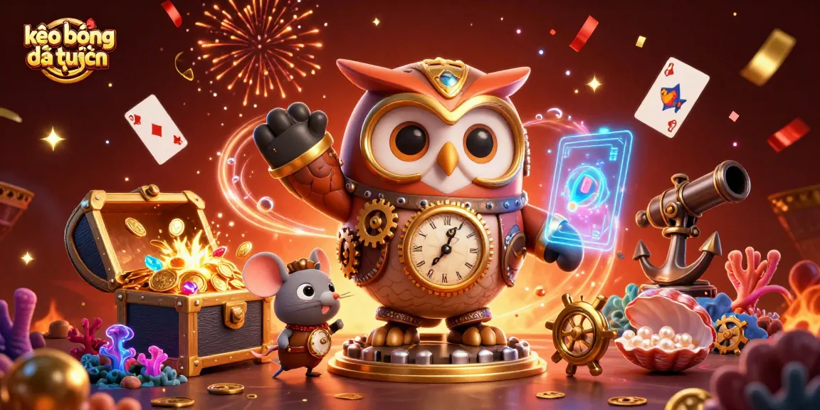 Engage with kèo bóng đá trực tuyến in this vibrant illustration of a time-traveler owl and clockwork mouse amidst casino elements.