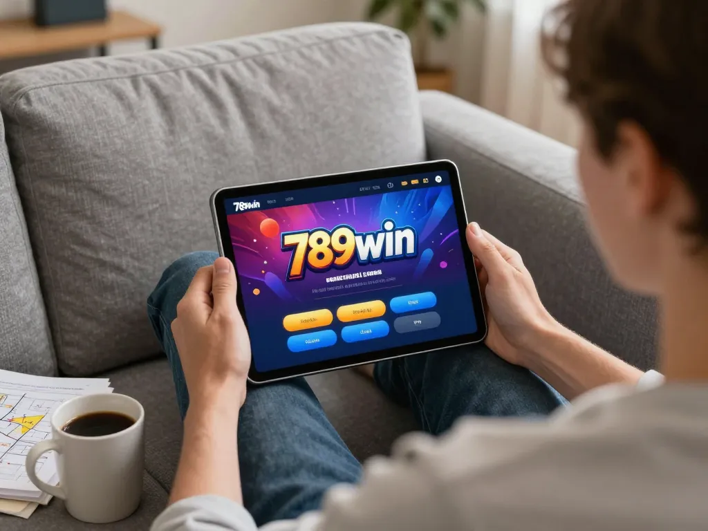 Engaging with the 789win link app on a tablet, showcasing online gambling excitement and strategy.