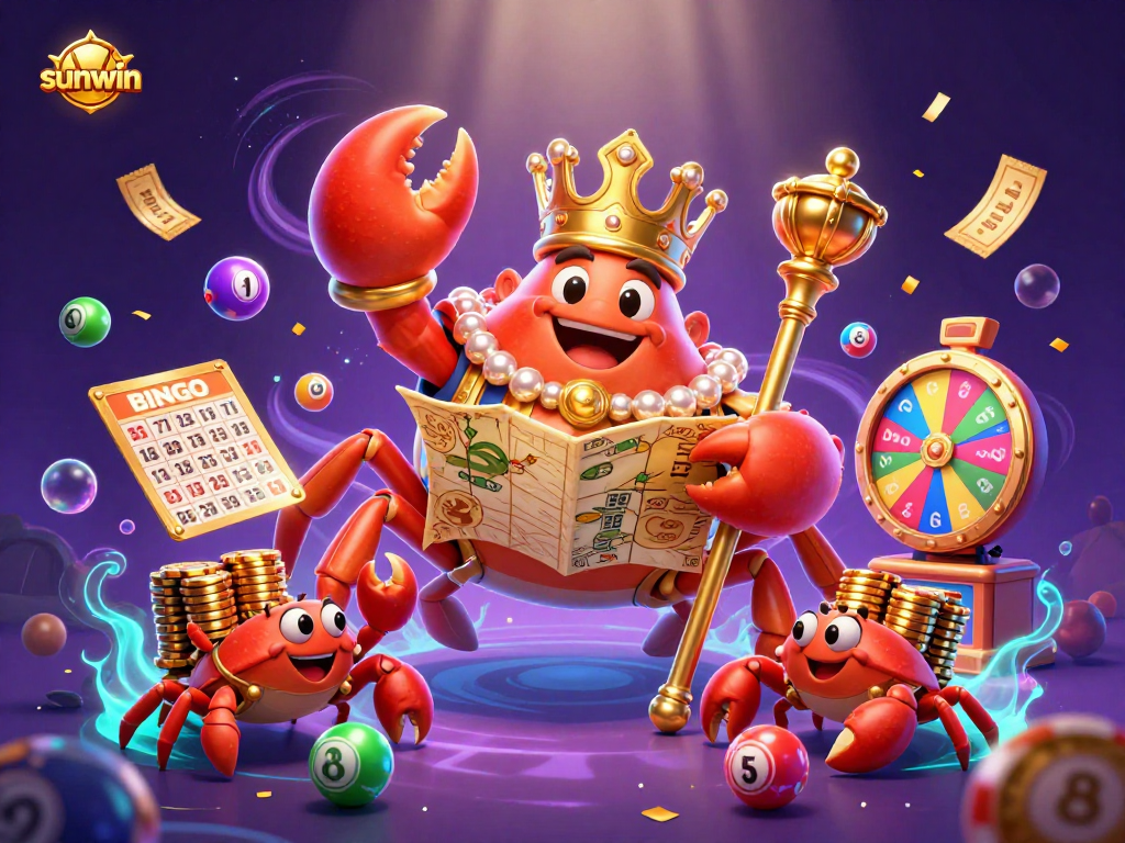 Join the sunwin festivities with vibrant lottery balls and crab emperors in an exciting casino scene.