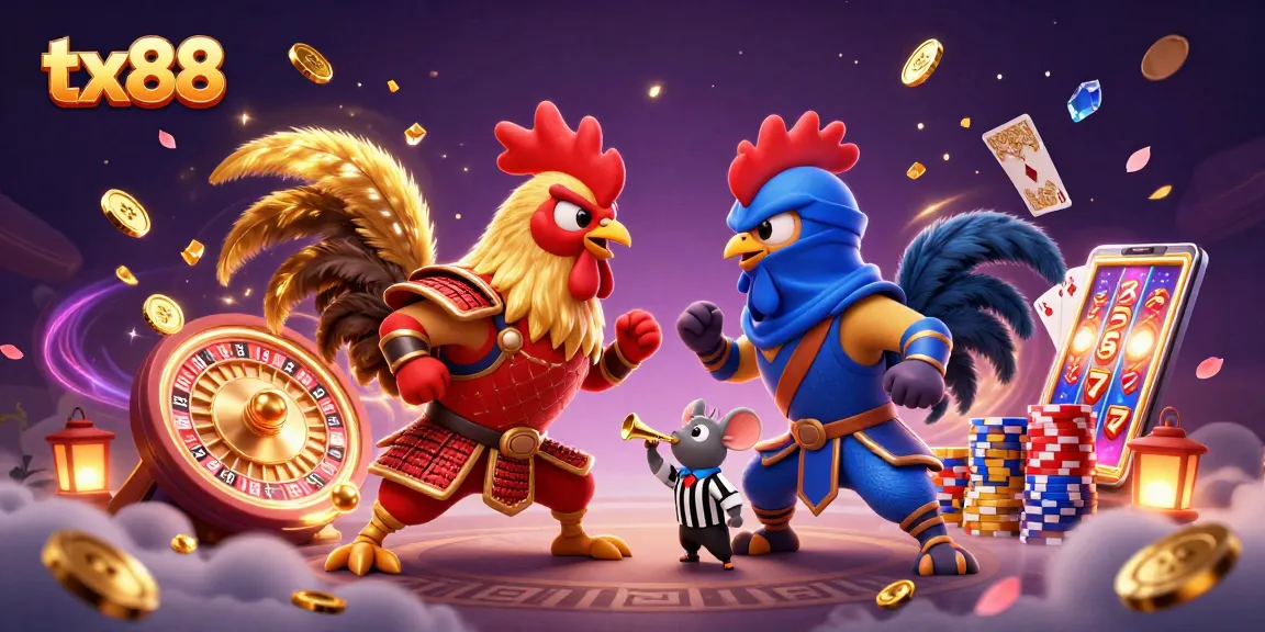 Witness an epic tx88 showdown with fighting roosters amidst casino elements and golden treasures.