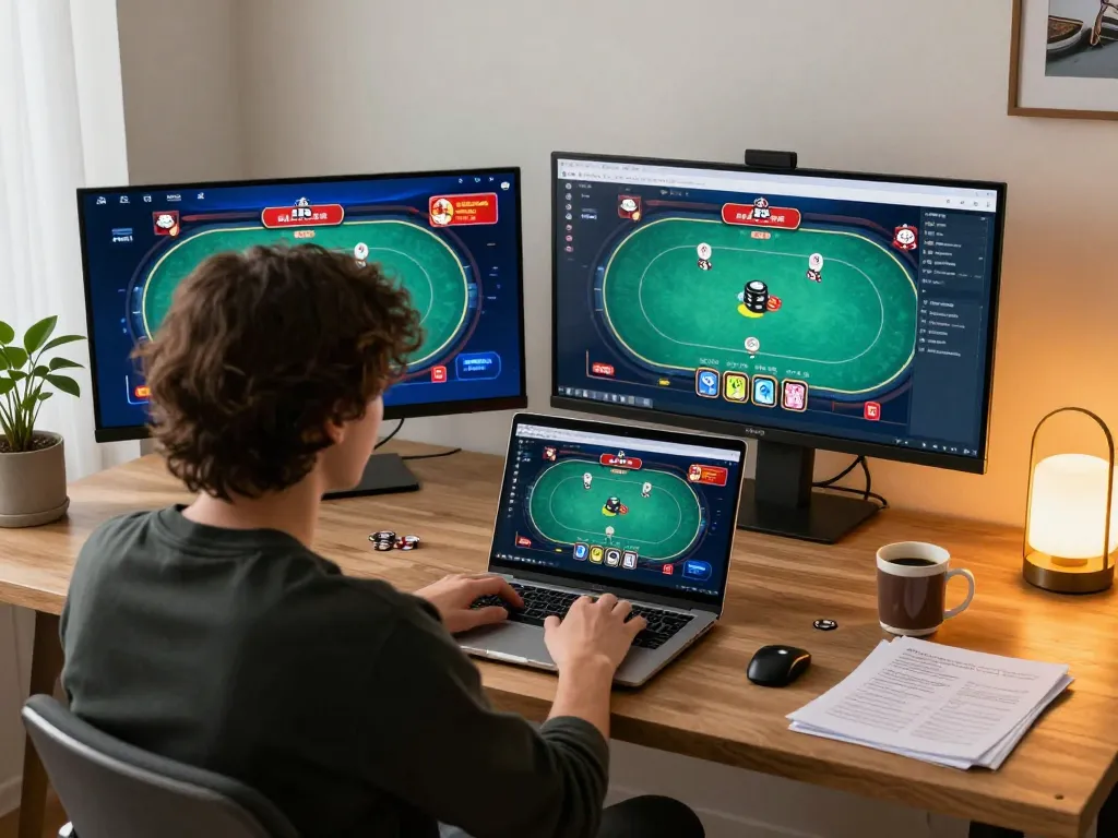 Players engaging in intense online poker gameplay at home via 688v platform, showcasing strategic decisions.