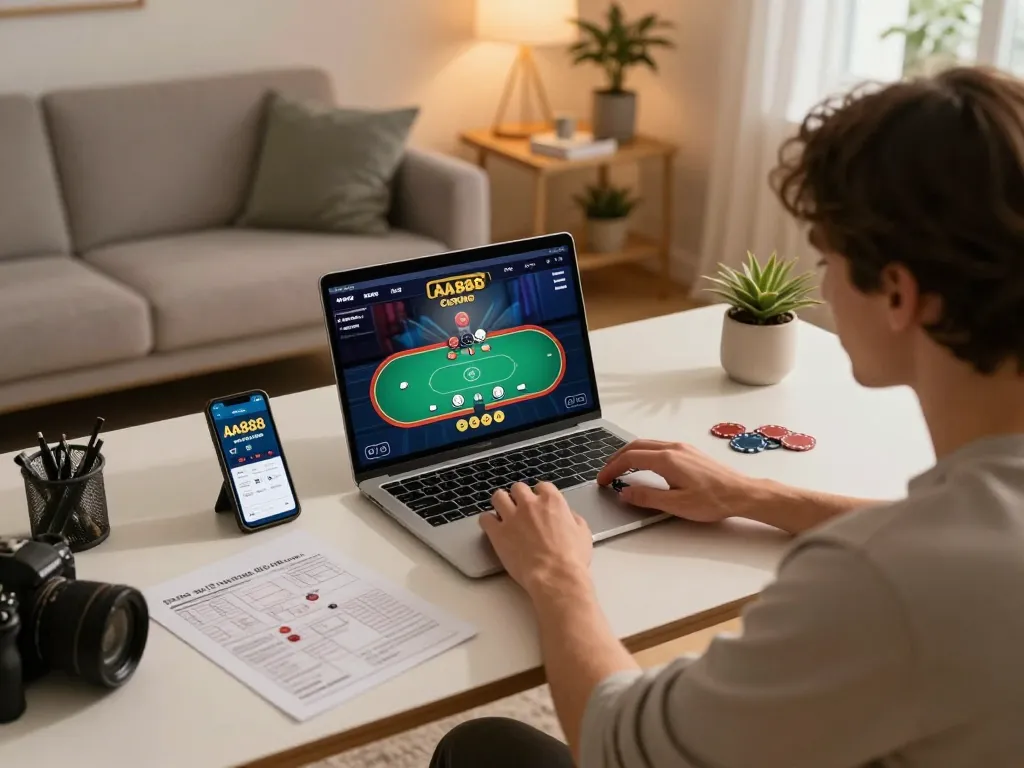 Player engaging in online poker at AA888 casino app with strategic notes.