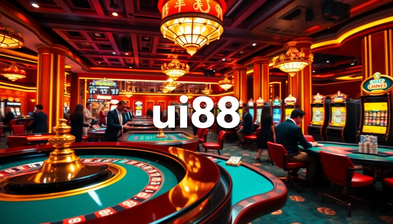Exciting gaming atmosphere at UU88 casino with roulette wheel and slot machines