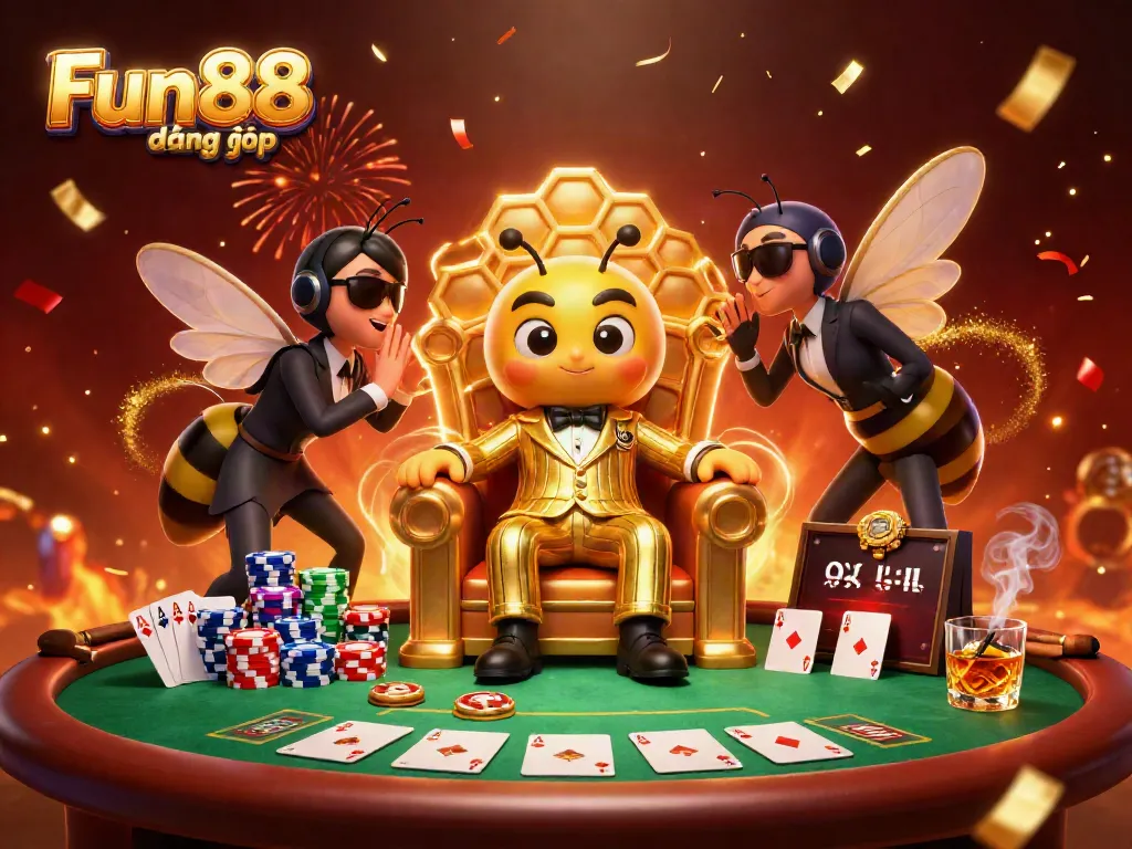 Engage in Fun88 đăng nhập with a vibrant 3D scene of a bumblebee mob boss overseeing a thrilling poker game.