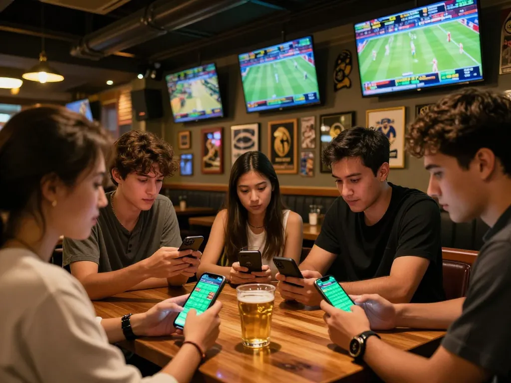 Excited friends placing bets on sports at XX88 in a lively bar setting.