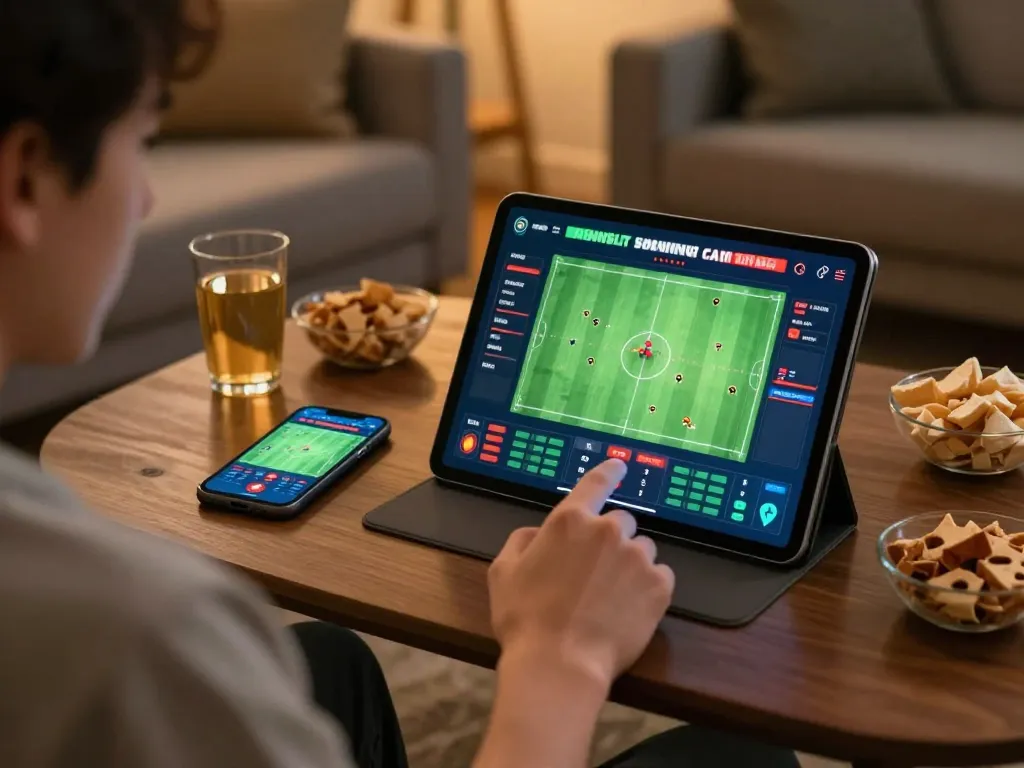 Player engaged in sports betting on tablet with 33nn betting interface in a cozy living room.