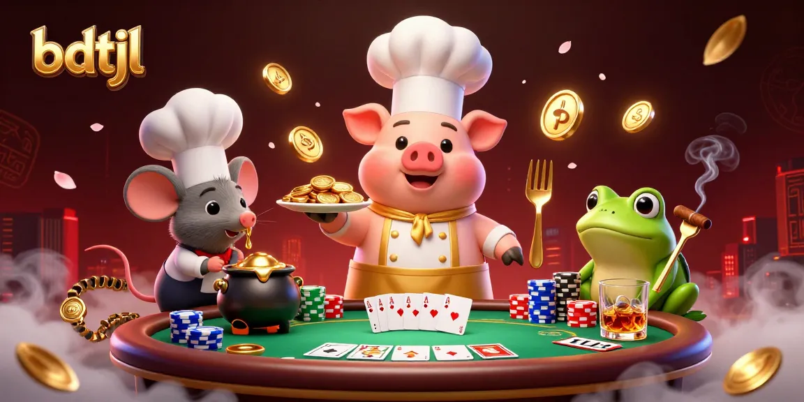 Engage with the bdtjl scene featuring a chef pig serving gold coins at a dynamic poker table.