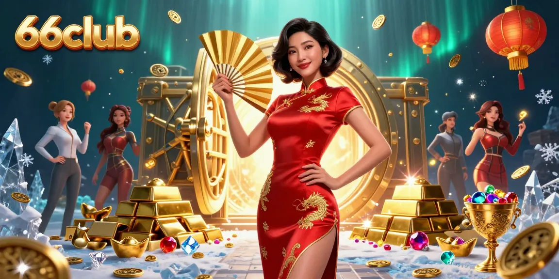 Engage with winning strategies at 66club, showcasing a luxurious Asian casino scene filled with gold and treasure.