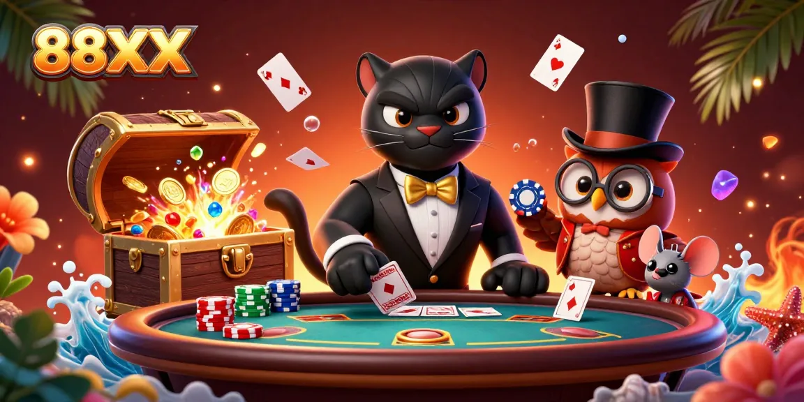 Experience the thrill of the 88XX casino world with a stylish panther and friends dealing cards.