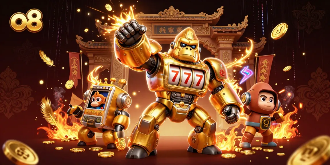 Experience excitement at o8 with a golden gorilla mech amidst swirling coins and slot elements.