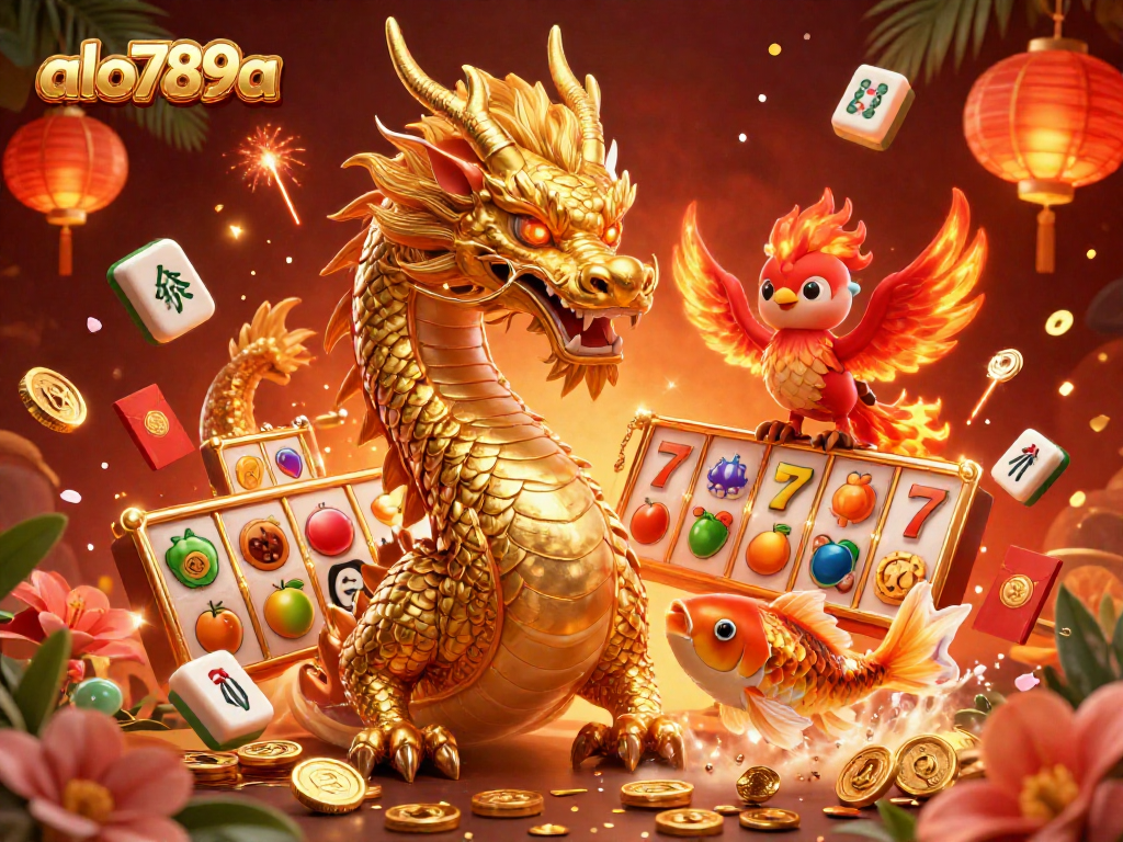 Experience excitement with alo789a's vivid casino scene featuring a golden dragon, phoenix, and koi fish.