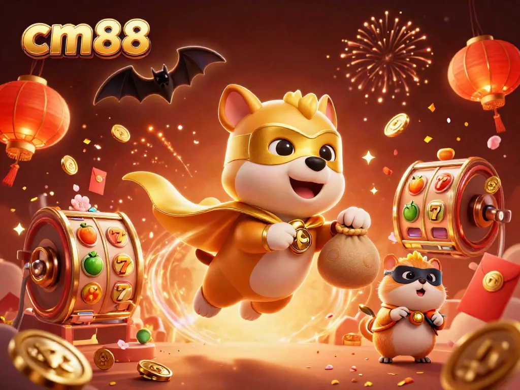 Engaging cm88 gaming scene with a superhero dog and hamster playing slots, surrounded by festive casino elements.