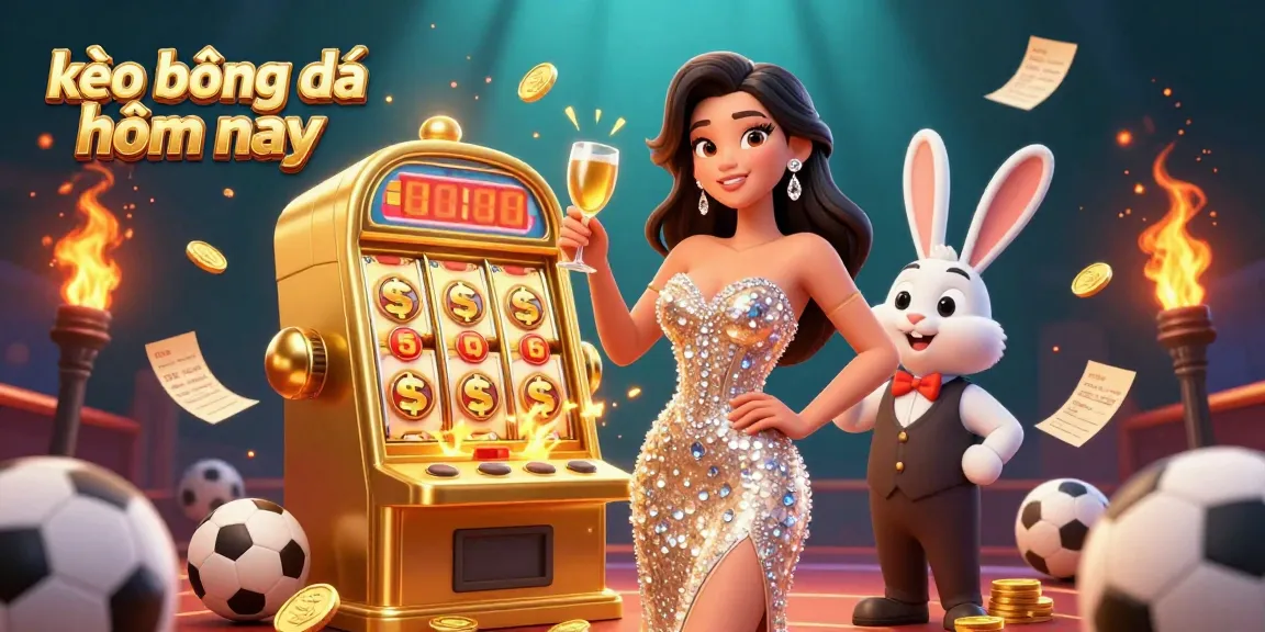 Experience the excitement of kèo bóng đá hôm nay with a stunning woman toasting alongside a golden jackpot slot machine.