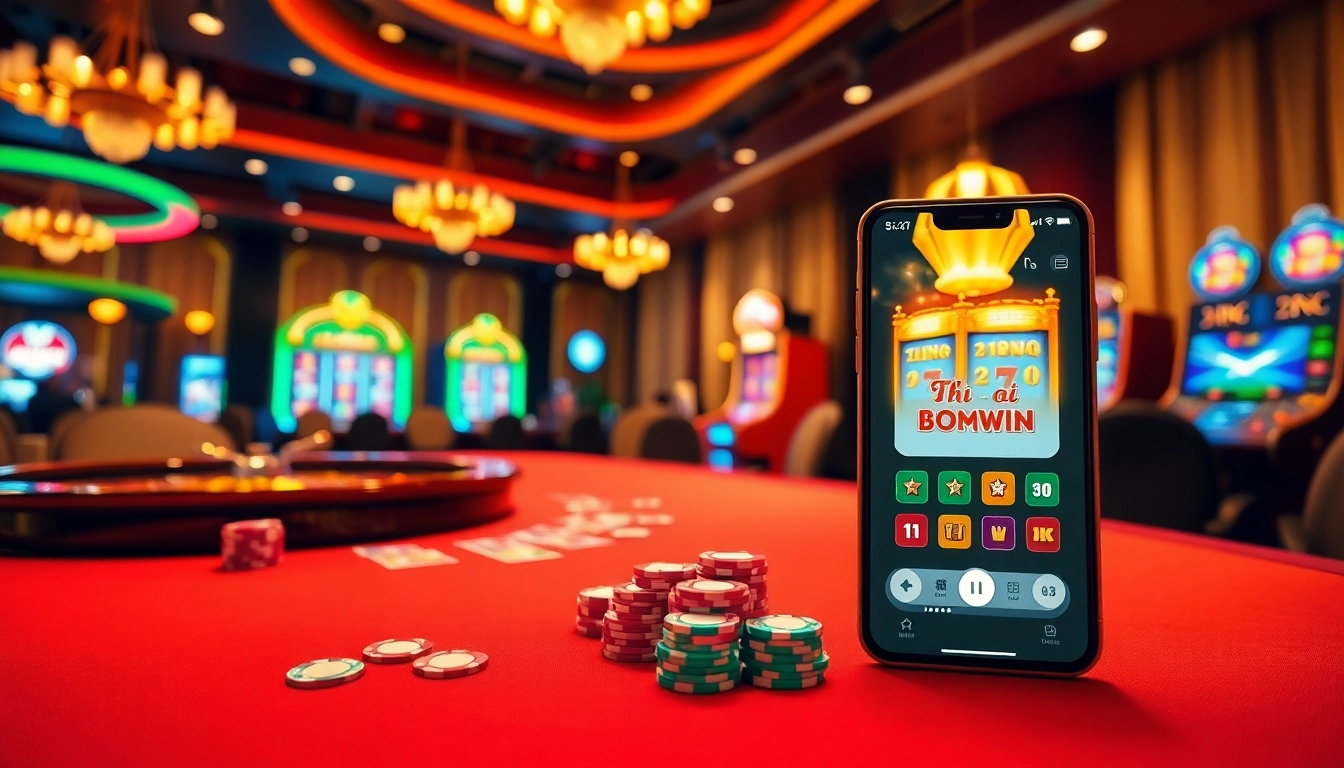 Tải Bomwin app interface on a luxurious casino table with poker chips and slot machines.