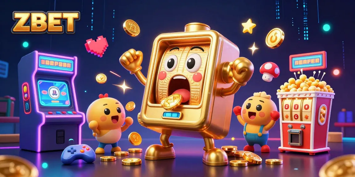 ZBET slot machine hits jackpot while cheering smaller machines and popcorn maker scatter coins.