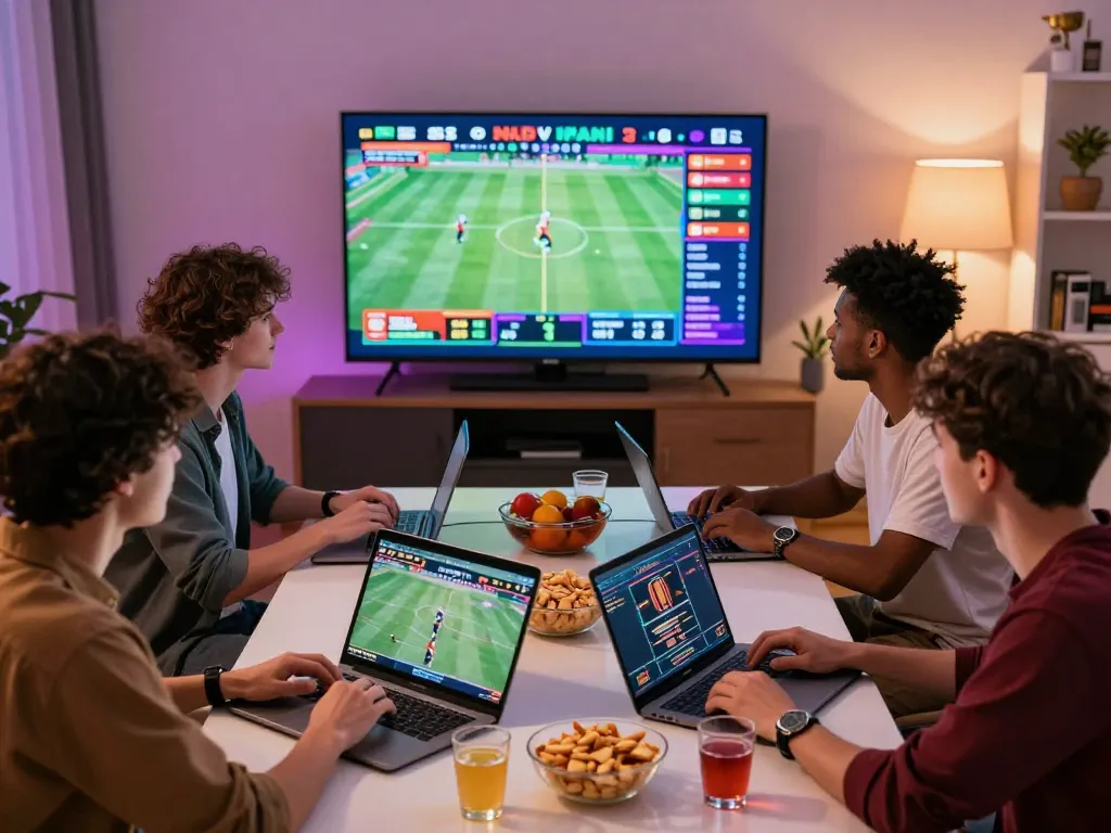 Friends engaging in online betting with ok365 during live sports events in a lively atmosphere.