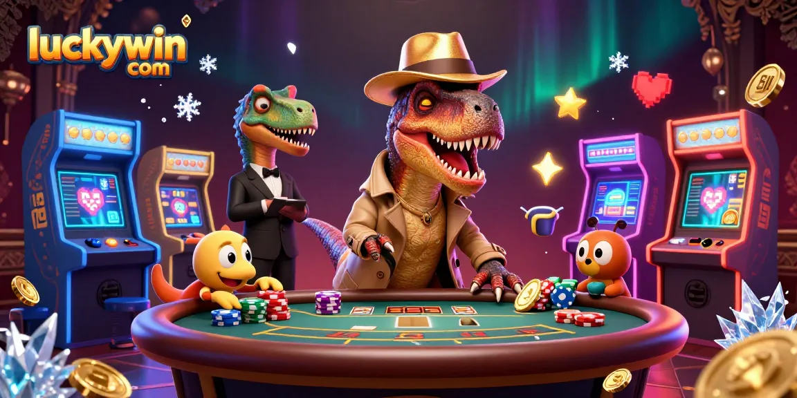Experience the excitement of luckywin com with a vibrant 3D casino scene showcasing colorful games and charming dinosaurs.
