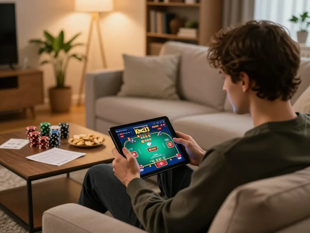 Engaged player explores king33's online gaming options on tablet at home