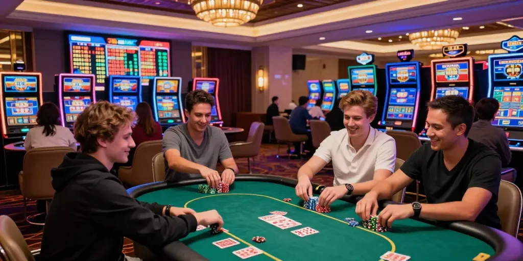 Exciting du88 online gambling scene with players at slot machines.