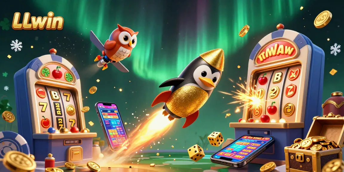 LLwin's exciting casino experience illustrated by a golden penguin soaring toward a jackpot-filled poker chip.